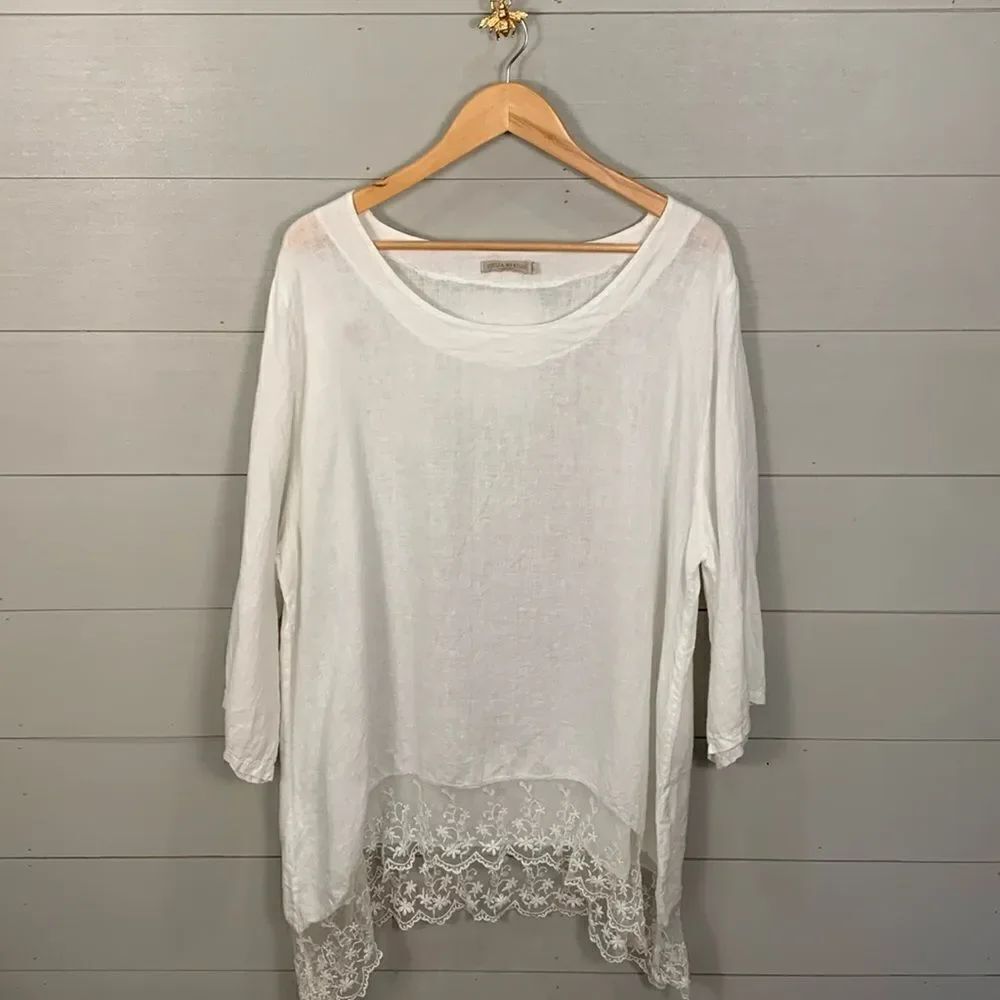 Stella Martini 100% white linen with lace trim tunic woman’s size 1X feminine